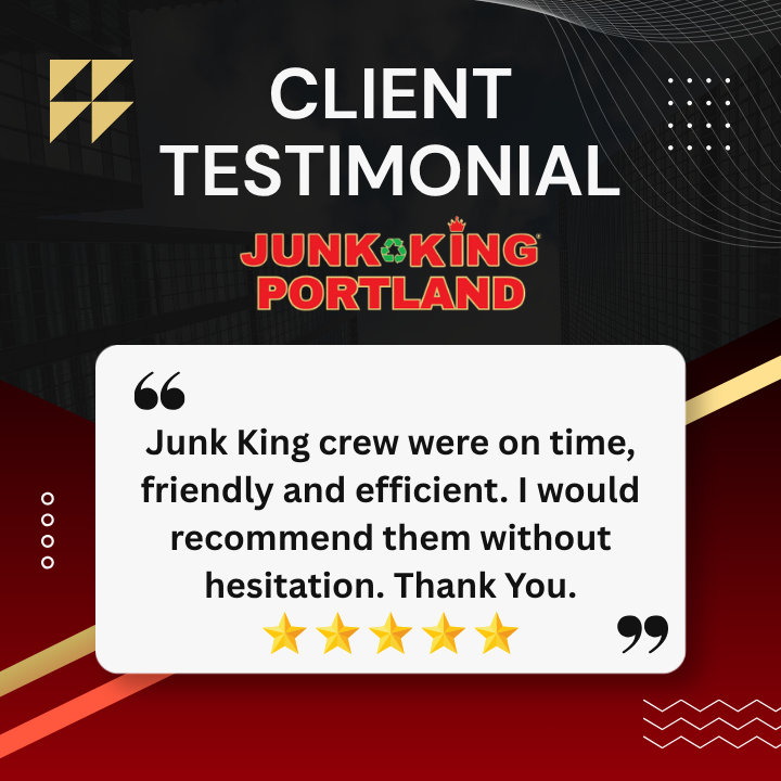 PortlandJunk's tweet photo. ⭐⭐⭐⭐⭐ "Junk King crew were on time, friendly and efficient. I would recommend them without hesitation. Thank You."

On time ⏰ Friendly 😊 Efficient 💪
That's how we roll in Portland! Call today for a FREE estimate 📞

#TestimonialTuesday #JunkRemoval #PortlandOR https://t.co/ooockDDu0U