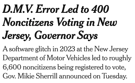 RapidResponse47's tweet photo. Yet another reason to PASS THE SAVE AMERICA ACT!

It would require states to submit voter rolls to the USCIS/DHS SAVE system for citizenship verification (which New Jersey currently does not do) — preventing this exact scenario from happening in the first place. https://t.co/9Ygy45eKmB