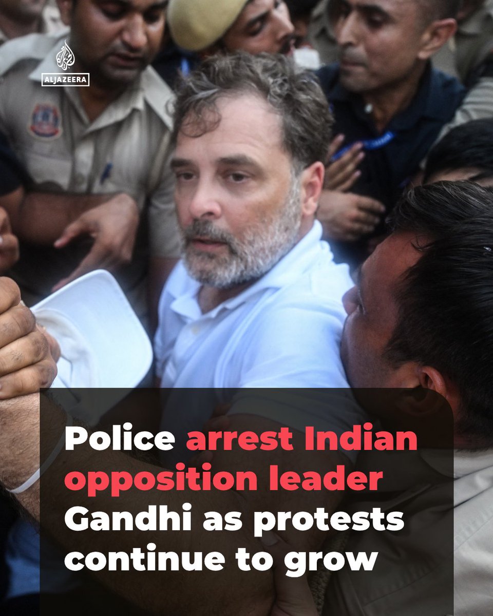 AJEnglish's tweet photo. Police have arrested Indian opposition leader Rahul Gandhi during a sit-in outside Prime Minister Narendra Modi's residence as student-led "Cockroach" protests against the government continue despite a crackdown.

🔗 https://t.co/KuFW9s8cfN https://t.co/RBs1eG1i6R