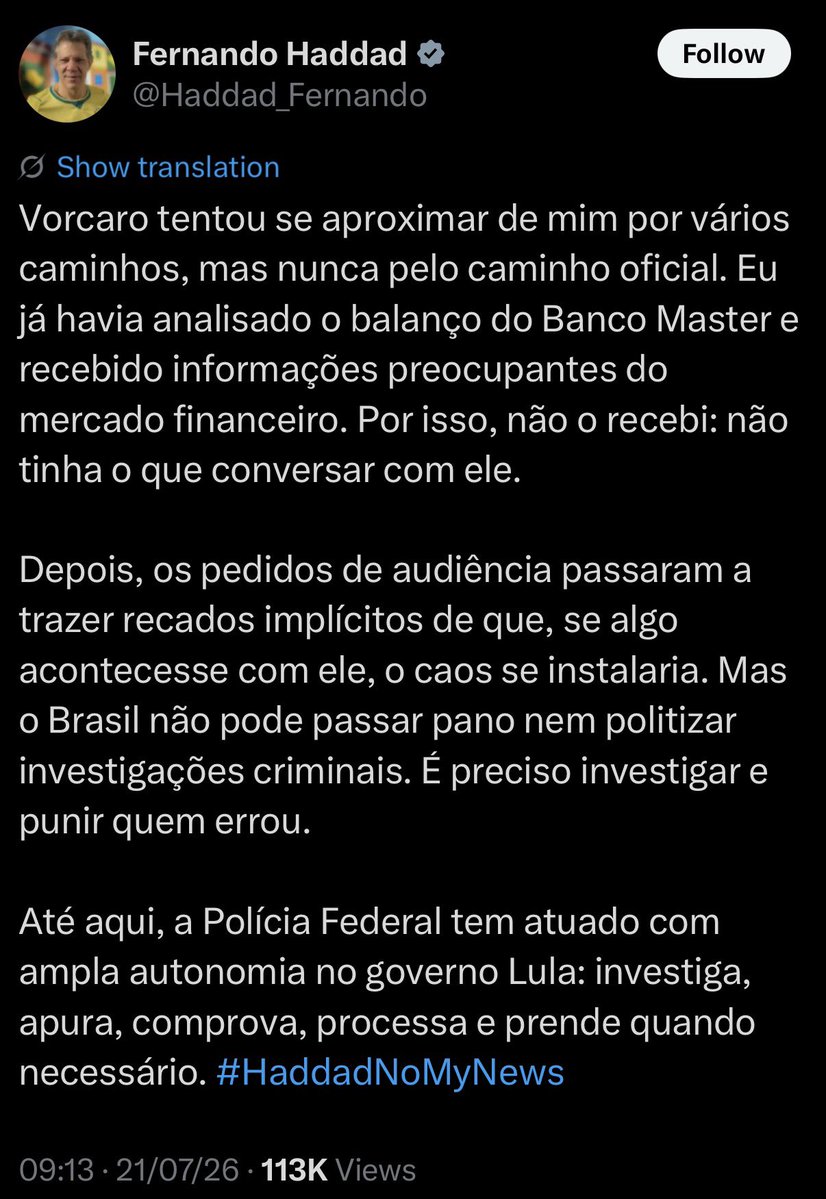 Maxcardoso's tweet photo. Não entendi, Haddad.
Então por que Lula recebeu Vorcaro junto com Galípolo, já indicado para presidente do BC, em uma reunião fora da agenda oficial?
E por que Lula disse para ele não vender o Master naquela reunião? https://t.co/7jwvLao4wt