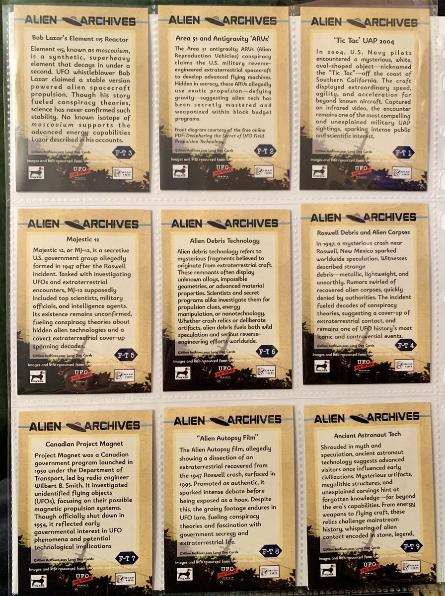 MHuntington7's tweet photo. This set of exclusive Long Dog “Alien Archives” cards from 2025 has arrived in the UFO library collection! 👁️🛸 #UFOs #UFOLibrary 📚🃏 #UFOArt https://t.co/v8ggDCSNj3
