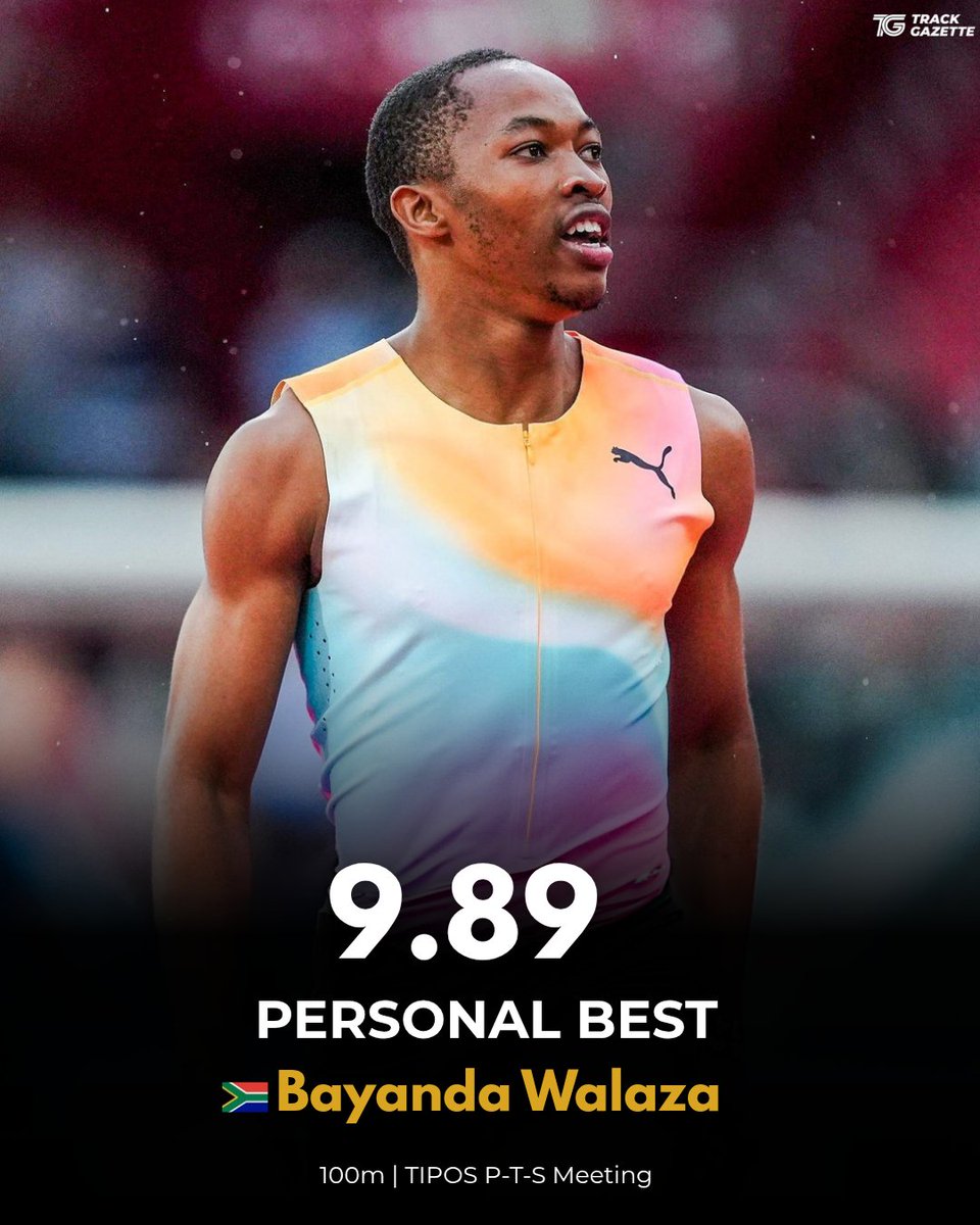TrackGazette's tweet photo. Bayanda Walaza 🇿🇦 has just run a Personal Best (PB) of 9.89s (1.0) to win the men's 100m at the TIPOS P-T-S Meeting in Banská Bystrica!

He becomes South Africa's fourth man to run under the 9.90s.

Behind him, Ackeem Blake 🇯🇲 cane home in 10.04s, while Andre de Grasse 🇨🇦 was 3rd in 10.05s