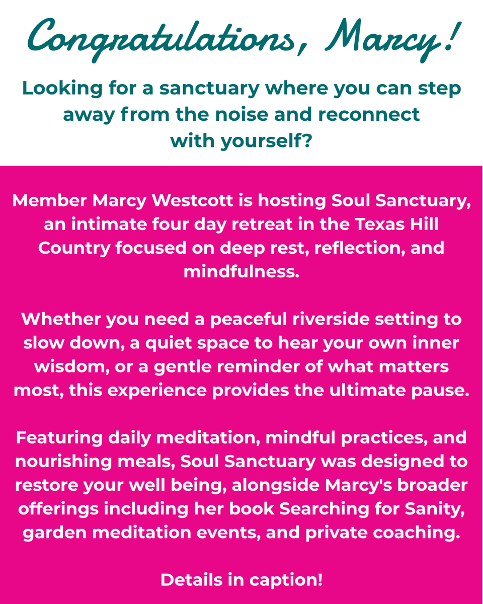 nawboSA's tweet photo. When was the last time you truly unplugged...

NAWBO San Antonio member Marcy Westcott invites you to experience the Soul Sanctuary Retreat, a four-day luxury meditation retreat. 

📍 Blanco River Retreat | Blanco, TX
📅 10/22–25

Reach out to Marcy@TheStillStateMeditation.com https://t.co/3pFaxdxFOx