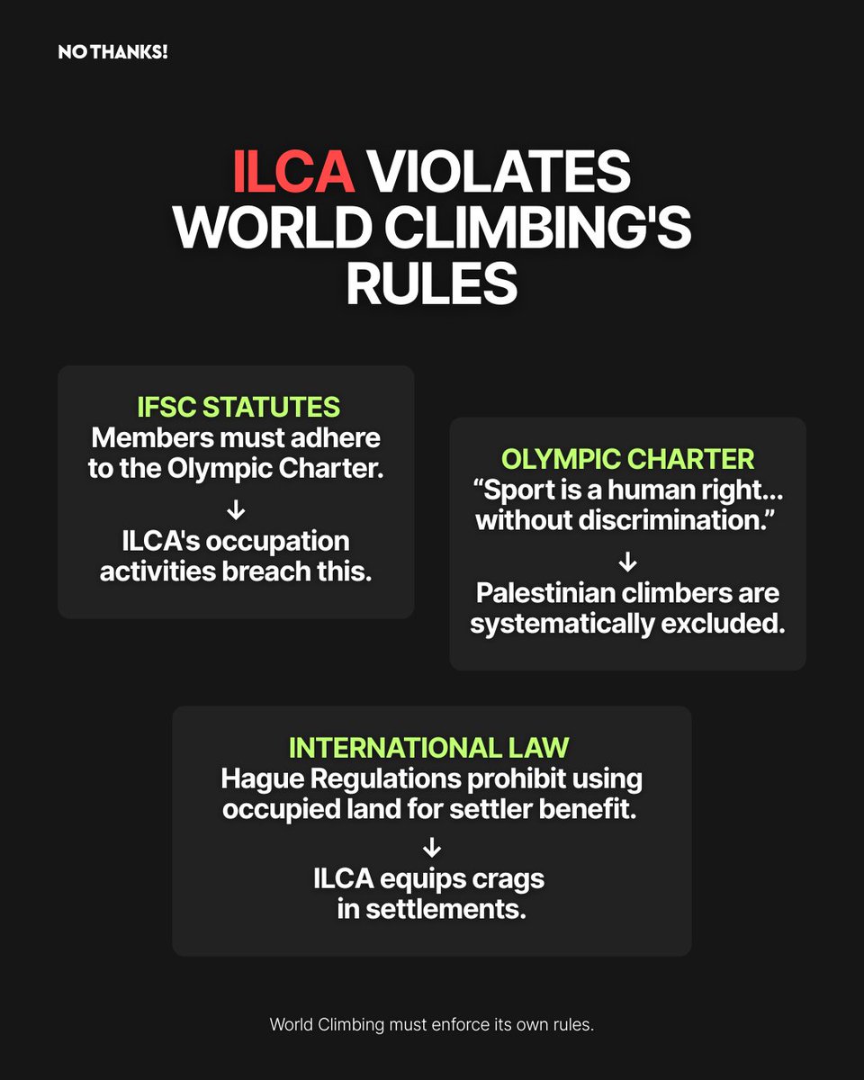 NoThanksBoycott's tweet photo. On July 23, 2026, World Climbing will vote on whether to suspend the Israeli Climbing Association (ILCA). Every National Federation has one vote. 
Palestinian climbers cannot reach their own mountains while ILCA equips crags on occupied land. Sponsorship from companies building settlements flows through to Israeli climbing. World Climbing's own rules are being breached. 

WHAT YOU CAN DO:
1. Email World Climbing and your National Federation to demand ILCA suspension.
2. Share this post. Silence is complicity.

⏰  The vote is days away.

🔗 Email templates, federation contacts, and full evidence:
https://t.co/F6dXMmuoFu
