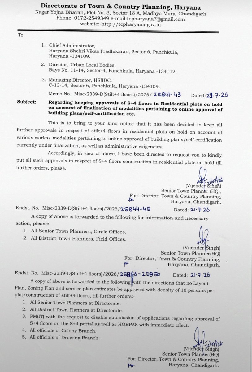 leenadhankhar's tweet photo. Stilt+4 construction put on hold once again across #Haryana. Following today's hearing in the Punjab & Haryana High Court, the Directorate of Town & Country Planning (#DTCP), Haryana, has issued fresh orders suspending approvals for all #Stilt+4 residential buildings across the state until further orders @HTGurgaon @htTweets
#Haryana #DTCP #StiltPlus4 #PunjabAndHaryanaHighCourt #UrbanPlanning #RealEstate #TownPlanning #BreakingNews
