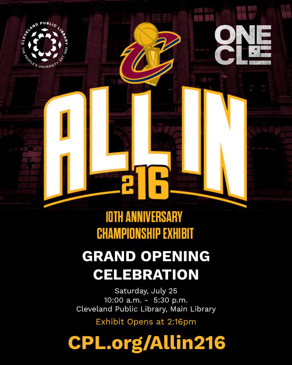 Cleveland_PL's tweet photo. For the fans who never stopped believing. Relive the championship that brought us together. 🏆
Join us for the grand opening of All In 216: 10th Anniversary Championship Exhibit and celebrate the team, the city, and the memories.
#ALLIN216 https://t.co/7WR4lMQzu1