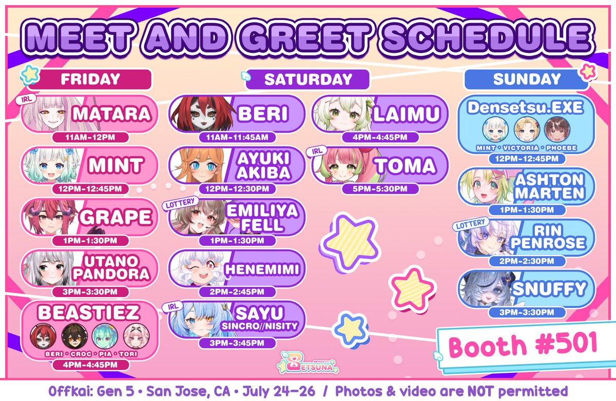 727pro_pr's tweet photo. Our M&amp;G schedule for #OffKaiGen5 is here!💖

📍Exhibitor Hall Booth 501!

Come by our booth at the right time for the chance of meets with Matara, Mint, Grape, Pandora, the BEASTIEZ, Beri, Ayuki, Emiliya, Henemimi, Sayu, Laimu, Toma, Densetsu.EXE, Ashton, Rin, and Snuffy!✨ https://t.co/mH7EpXqzvv