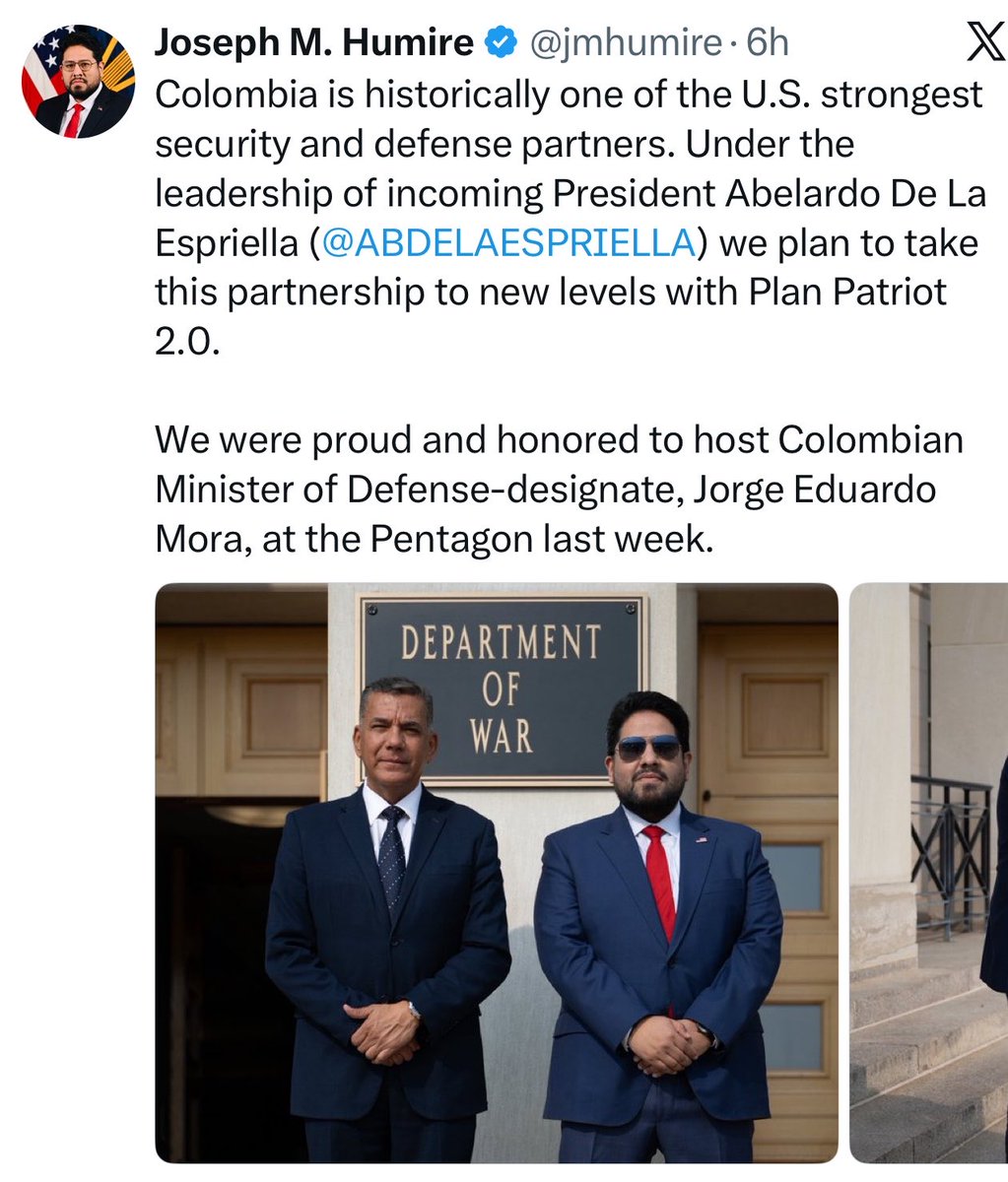 OrlvndoA's tweet photo. #URGENTE | EEUU anuncia el ‘Plan Patriota 2.0’, un acuerdo de cooperación militar contra el narcotráfico y el terrorismo con el Gobierno de Abelardo de la Espriella en Colombia. 

En una versión mejorada del Plan Colombia, el subsecretario @jmhumire plantea el fortalecimiento de la seguridad y la cooperación con una nación clave en el hemisferio.