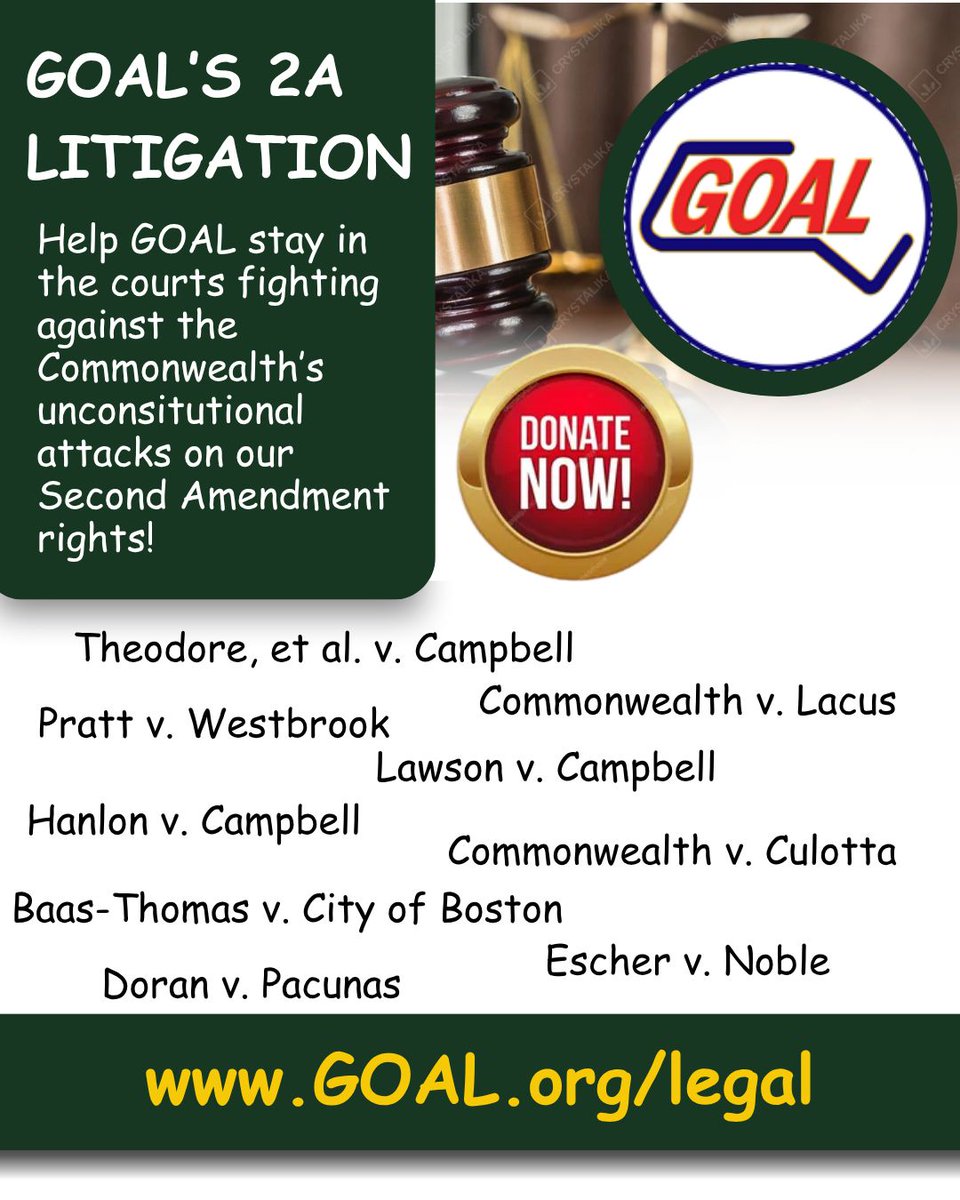 GOALupdate's tweet photo. Since the passage of Chapter 135 in Massachusetts, GOAL has been in the courts fighting against these unconstitutional attacks on our Second Amendment rights. We need your help to keep up the litigation efforts to bring freedom back to where it started!

https://t.co/YqodaowFl7 https://t.co/MxYKoioLEf