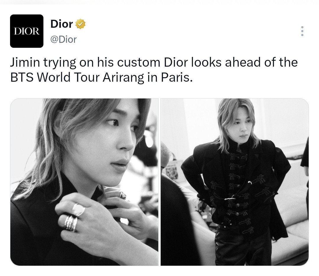 _SameLove_'s tweet photo. Jimin continues to proudly represent Dior as its Global Brand Ambassador, a role he has held since January 16, 2023. At the time of his appointment, he became the first Korean male to be named a Global Brand Ambassador for Dior and one of only four male Global Brand Ambassadors, joining Robert Pattinson, Jude Law, and Johnny Depp. 

His Dior looks throughout the Arirang Tour in Paris were a reminder of why he remains one of the House's most iconic ambassadors.