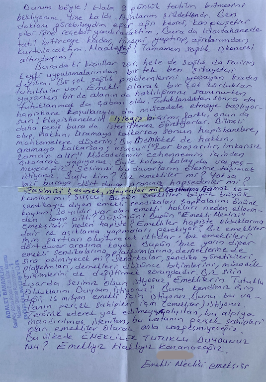 ZaferArapkirli's tweet photo. CEZAEVİNDEN MEKTUP VAR...

Bakırköy Kadın Cezaevi'nde 2 aydır tutuklu bulunan  Emekli Meclisi üyesi 59 yaşında bir hanımefendinin, içeriden feryadına kulak verin. 

Anonim kalması için adı bende saklı bu hanımefendinin tek suçu (!) emeklilerin - emekçilerin haklarını savunmak için eylem yapmak. Hak mücadelesinde aktif olarak yer almak. Evi basılarak, çoluk çocuğunun gözleri önünde namlu ucunda gözaltına alıp tutuklamışlar. 

Zaten ağır bir haksızlık ve zulme maruz kalan emekli - emekçilerin bir de hukuksuz yere atıldıkları zindanda neler çektiklerini kendi kaleminden okuyun. 

#EmekliyeZulmeSon