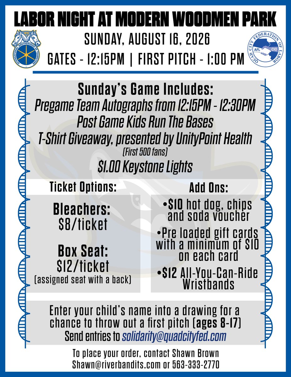 IUPATDC81's tweet photo. Don’t wait — tickets go fast! #LaborNight #UnionPride #RiverBandits https://t.co/kPEM2Kojh0
