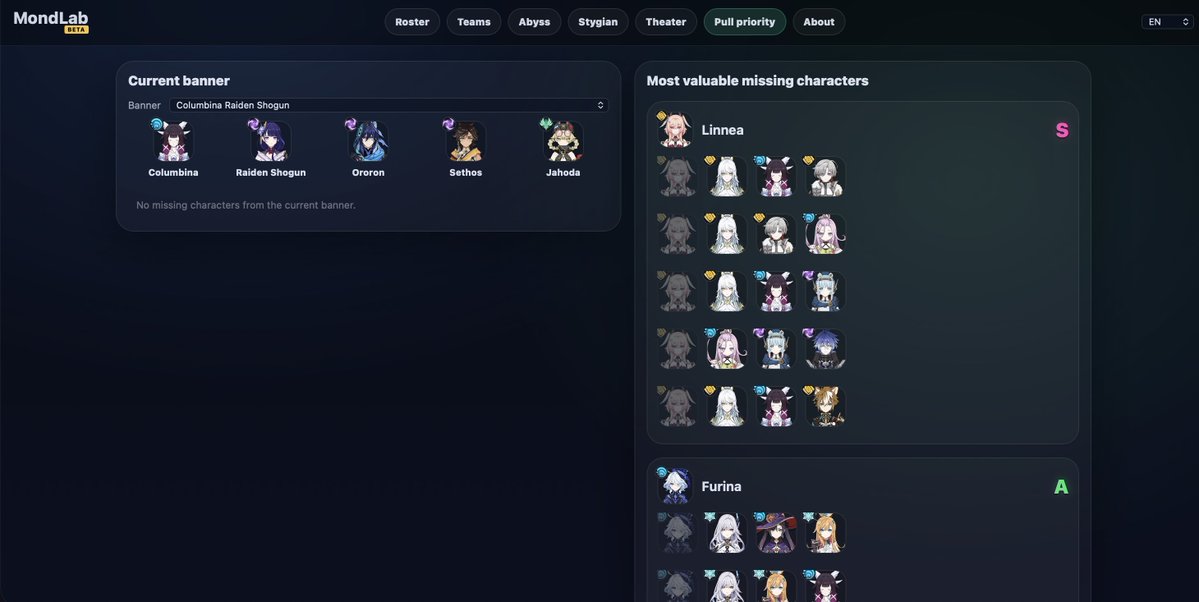 naberiustar's tweet photo. guys I found this cool website where u can add in what characters u have and it'll suggest teams + teams for current endgames and tell u which characters are the highest priority for ur account!! its so cool... https://t.co/IvpZd6Uq3g https://t.co/tC2MiZsd6w