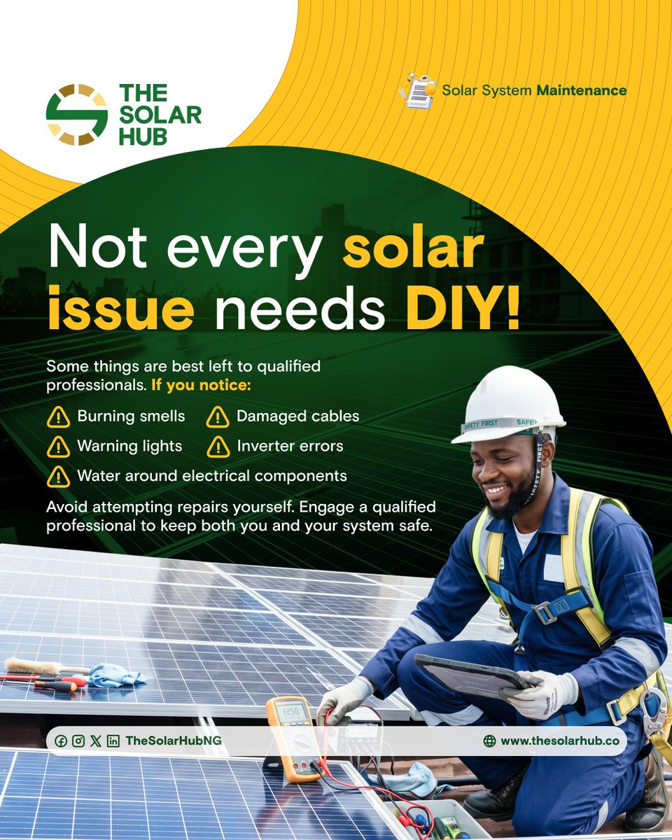 TheSolarHubNG's tweet photo. Some solar issues need expert attention, not a DIY (do-it-yourself) intervention.

If something doesn't look right, don't guess.

Stay safe.

#TheSolarHub #SolarEnergyNigeria #RenewableEnergy #SolarSolutions #NigeriaTech https://t.co/H9RcxpvTG0