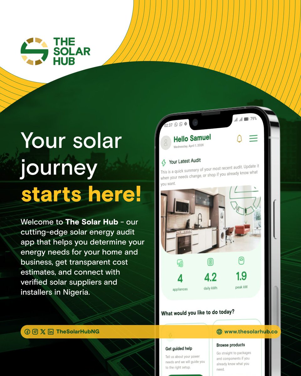 TheSolarHubNG's tweet photo. Your solar journey starts here @TheSolarHubNG

#TheSolarHub #SolarEnergyNigeria #RenewableEnergy #SolarSolutions #NigeriaTech https://t.co/RDFqBYP3qi