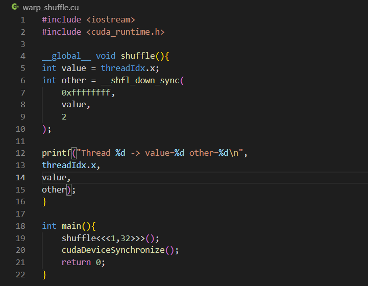 kshitiziit's tweet photo. One of the coolest CUDA instructions I've come across recently is this:
__shfl_down_sync(mask, value, offset);
At first glance, it looks like one of those functions you copy-paste without really understanding.
But it's actually pretty elegant.
A GPU executes threads in groups of 32, called a warp. Each thread has a lane ID (0–31).
__shfl_down_sync() lets a thread grab a value directly from another thread's register within the same warp.
No shared memory.
No global memory.
Just register-to-register communication.
For example:
__shfl_down_sync(0xffffffff, value, 1);
This means:
Lane 0 gets Lane 1's value
Lane 1 gets Lane 2's value
Lane 2 gets Lane 3's value
...and so on, all within the same warp.