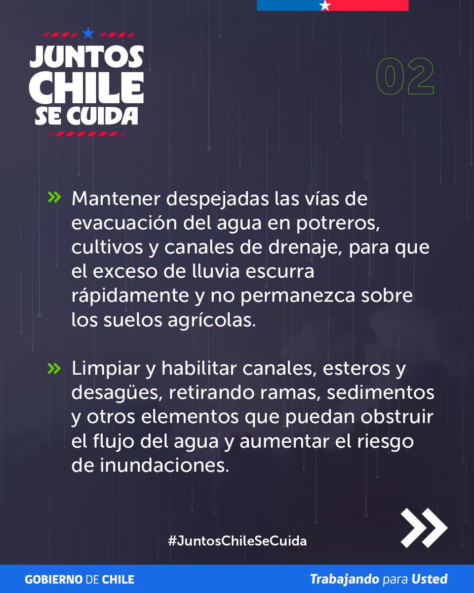 MinagriLosLagos's tweet photo. #JuntosChileSeCuida 📷
📷 Te compartimos las siguientes recomendaciones, preparadas por la Unidad de Gestión de Riesgo de Desastres Agrícolas (UGRA), para evitar anegamientos en cultivos, proteger a los animales y actuar de forma segura ante una eventual evacuación. https://t.co/dwht46Xd0y