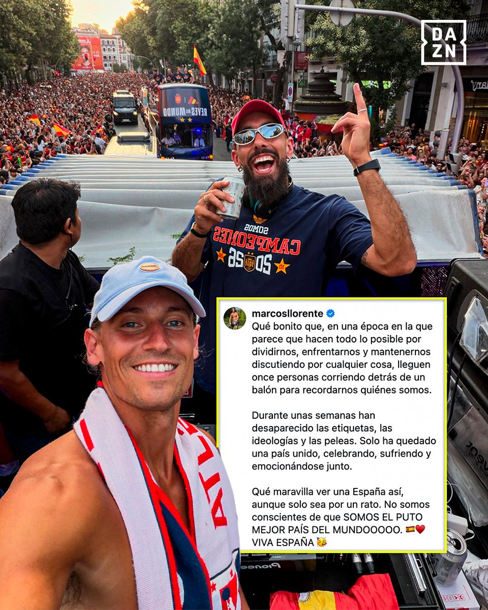 DAZN_ES's tweet photo. El mensaje de unidad de Marcos Llorente a toda España

"Durante unas semanas han desaparecido las etiquetas, ideologías y peleas. Solo ha quedado un país unido celebrando, sufriendo y emocionándose junto. Somos el p*** mejor país del mundo ❤️🇪🇸” https://t.co/rIP1dVw2Zu