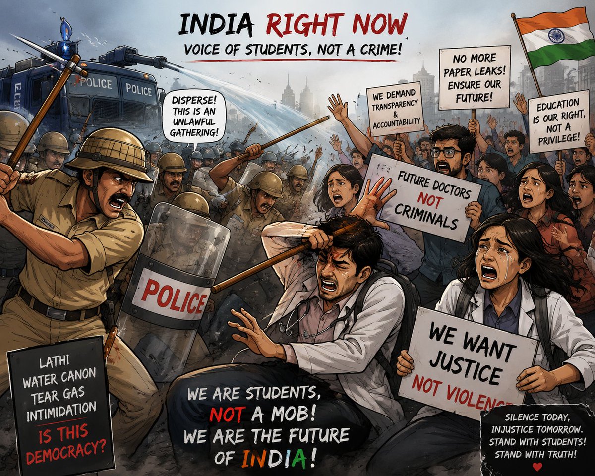 sebiawrang23922's tweet photo. Students asking for fairness should not be met with force. Peaceful protest is a democratic right—not a crime. Listen to their voices, not silence them.
#JusticeForStudents #RightToProtest #Democracy #NEET #India https://t.co/uCW6iik3Iw