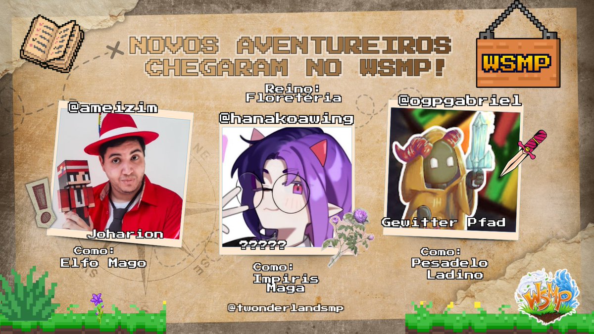 TWonderlandSMP's tweet photo. BEM-VINDOS NOVOS AVENTUREIROS!

@ameizim interpretando Joharion
@HanakoAwing interpretando ????
@ogpgabriel interpretando Gewitter Pfad

Floretéria os recebe de braços abertos!💚#WSMP https://t.co/WsFMZCDuec