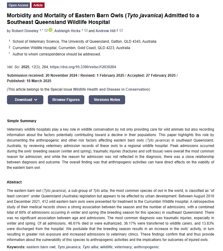 Vetsci_MDPI's tweet photo. 🦉Morbidity and Mortality of Eastern Barn Owls (Tyto javanica) Admitted to a Southeast Queensland Wildlife Hospital
✍️by Robert Doneley, Ashleigh Hicks and Andrew Hill
🔗https://t.co/cl5hSpanzZ
#Wildlife #VetScience https://t.co/Sq1kfCPmJU