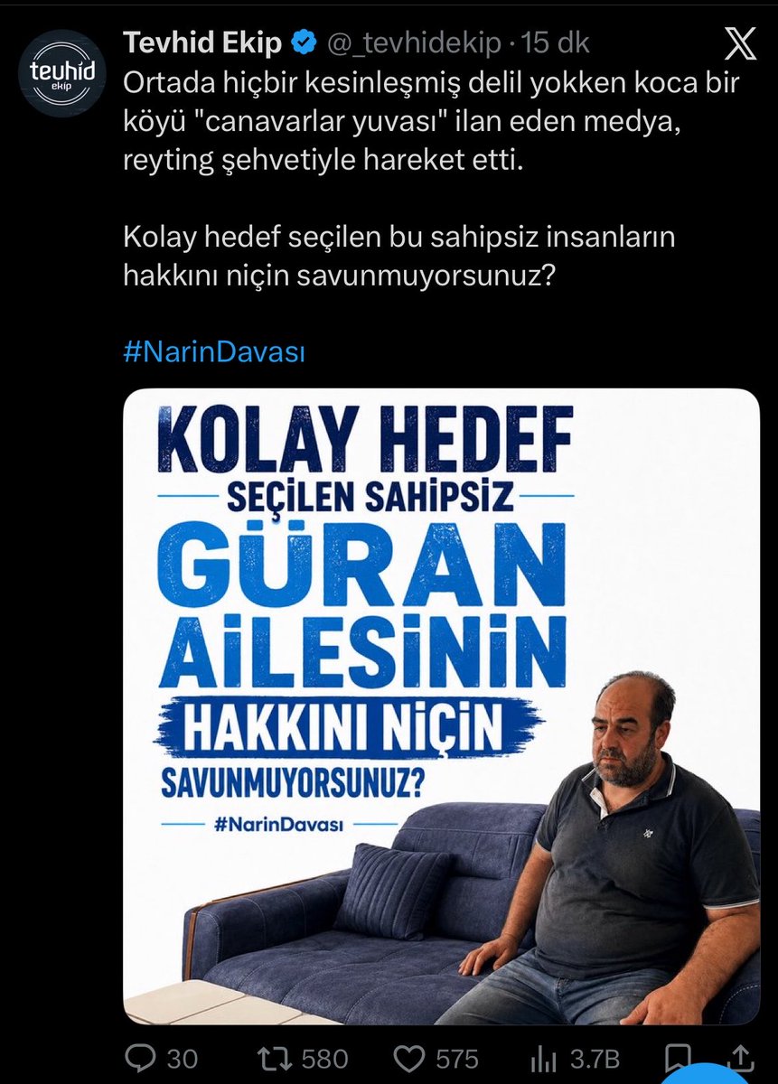 NarinGuranadlt's tweet photo. Türkiye’nin tanınan sivil toplum kuruluşlarından Tevhid camiası Narin Güran ve ailesi için #NarinDavası ismi ile tag çalışması başlattı.

Teşekkürler @_tevhidekip 👏👏 https://t.co/mzAaaZmxKI