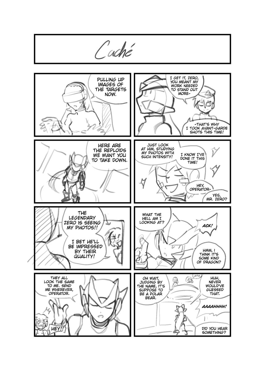 KagerouGiru's tweet photo. This was a Megaman Zero fan character I came up with last year! in Zero 2 an npc mentions that elite covert agents get all the photos used for boss mugshots.

I created Caché and did these 2 little yonkomas to explore that idea! #megaman #fanart https://t.co/y76CJzDyGh