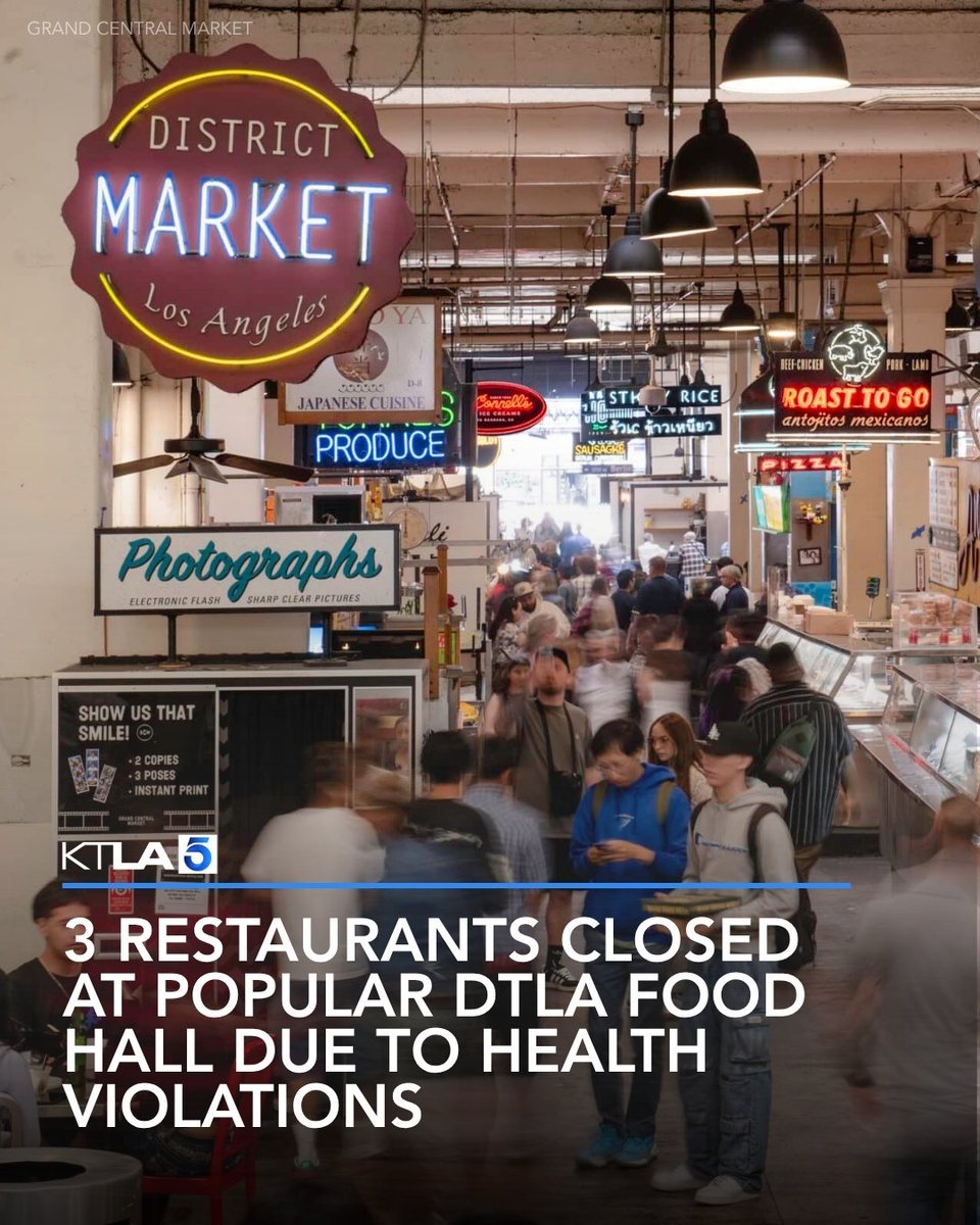 KTLA's tweet photo. Three restaurants were temporarily shut down inside of #GrandCentralMarket in DTLA after health inspectors cited them for "vermin infestation," according to health department records. https://t.co/PX6IeMTQNY https://t.co/hSqTHuehkN
