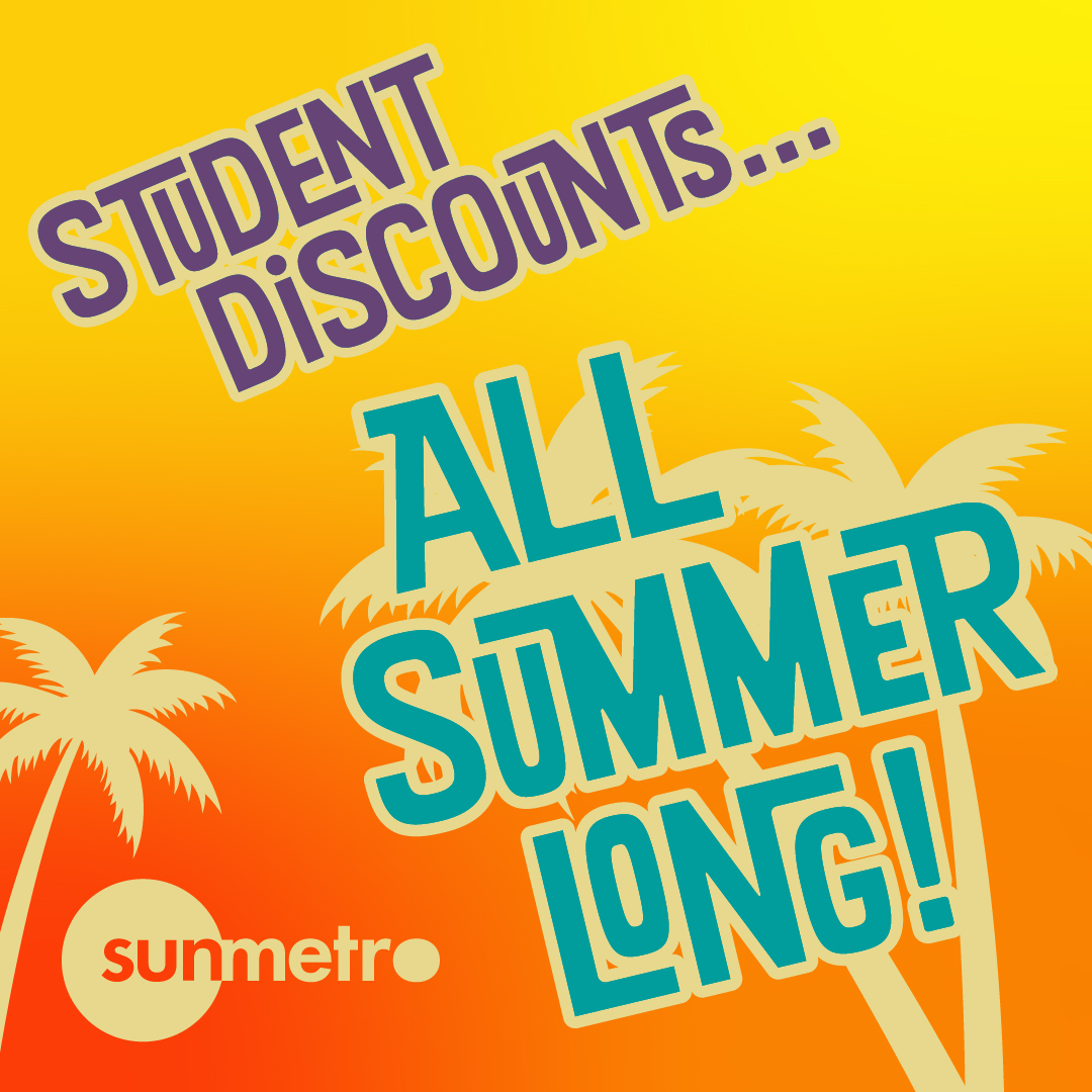 SunMetro's tweet photo. Our reduced student fares aren’t just for school! Kids 6-18 can ride Sun Metro year-round for only $1 each way! We also offer Weekly &amp; Monthly Student Passes. Visit https://t.co/8wDCcumWtD for details. https://t.co/DowMNnGC15