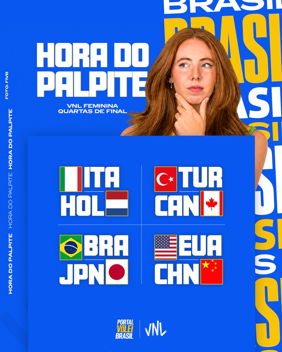 portal_volei's tweet photo. ⏰ HORA DO PALPITE!

Copie e cole dando o seu palpite nos jogos das Quartas de Final da VNL Feminina 2026 📝

🇮🇹 Itália x Holanda 🇳🇱
🇧🇷 Brasil x Japão 🇯🇵
🇹🇷 Turquia x Canadá  🇨🇦
🇺🇸 Estados Unidos x China 🇨🇳 https://t.co/VXlYqP04KK