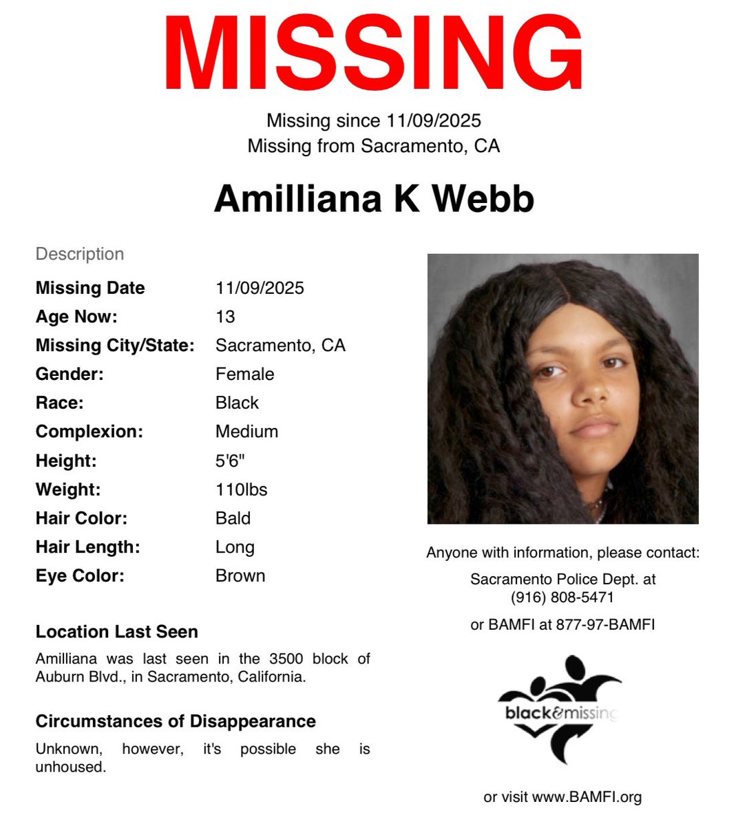 BAM_FI's tweet photo. #Sacramento, #CA: 13y/o Amilliana was last seen in the 3500 block of Auburn Blvd on November 9, 2025, wearing a black sweater, black crop top, and black &amp; pink plaid pajama pants with her hair in braids. https://t.co/X3ouLgwZgx