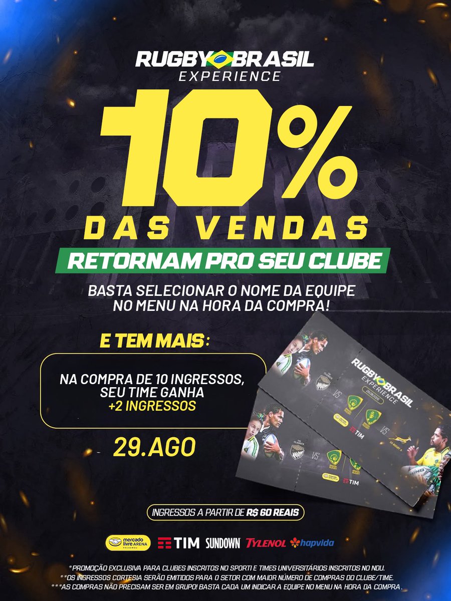 brasilrugby's tweet photo. 🚨 Seu ingresso pode ajudar seu clube ou time favorito.
Ao comprar seu ingresso para o Rugby Brasil Experience, você pode escolher uma equipe para apoiar.

🏉 Yaras x South Africa Women’s A
🏉 Tupis x The Classics New Zealand 
📅 29 de agosto
+ https://t.co/gHEzheDfqp