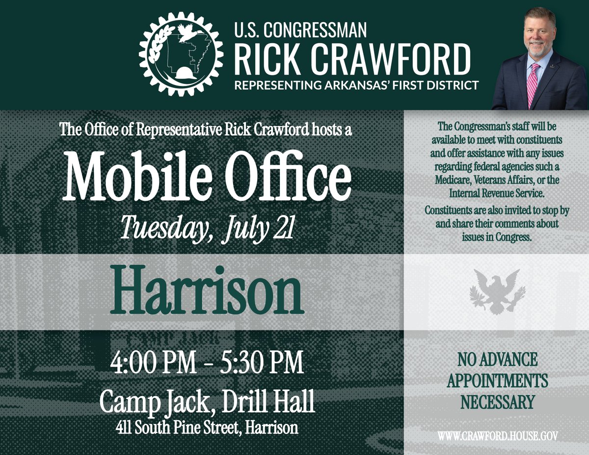 RepRickCrawford's tweet photo. Need help with a federal agency? Stop by my mobile office hours today! https://t.co/q5RzgcdoBD