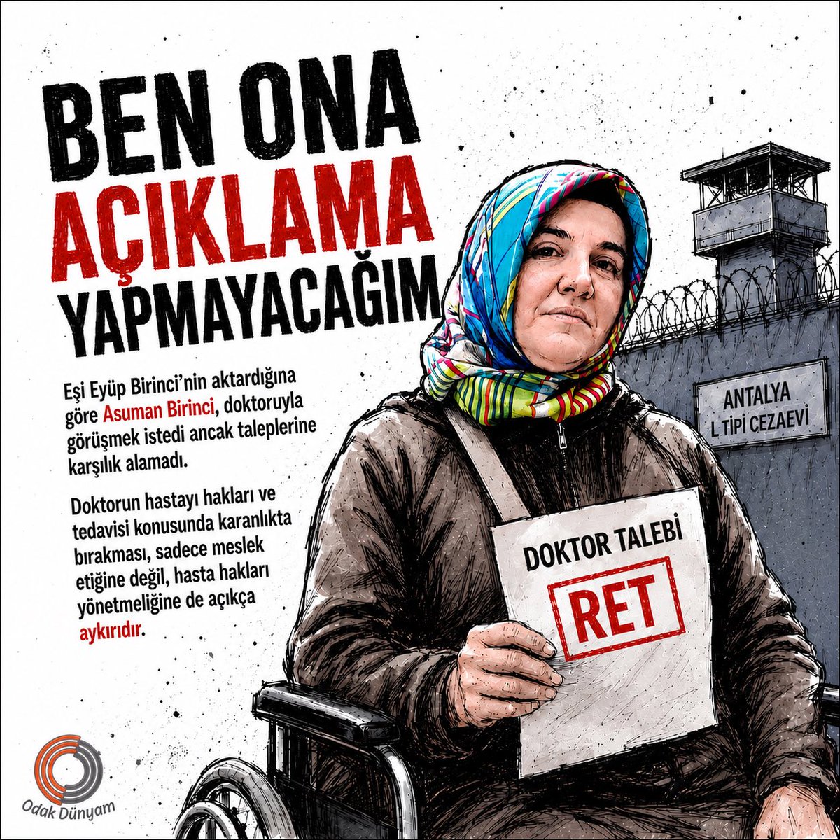 odakdunyam's tweet photo. Tutuklu KHK’lı öğretmen Asuman Birinci, neden ameliyat olmak istemiyor?

Ameliyatı ile ilgili bilgi almak isteyen Birinci’ye doktorun gardiyanla haber göndererek “Ben ona bir şey açıklamayacağım” dediği öğrenildi.

@handeyener 

AsumanBirinciye TedaviHakkı