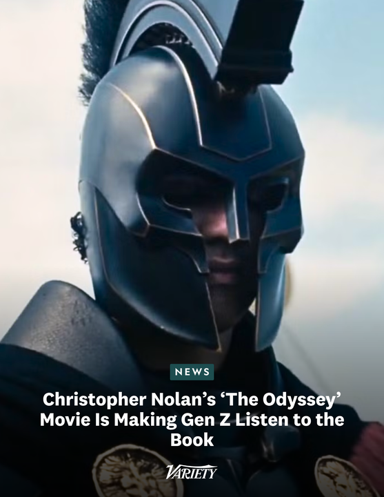 Variety's tweet photo. Spotify audiobook listens for "The Odyssey" jumped 500% on July 17, the opening date of Christoper Nolan's movie.

Earlier in June, weeks before the premiere, listens increased more than 240%, while post-premiere listens are on pace to be up roughly 680%. "The Odyssey" audiobook has been especially popular among younger listeners, with 36% of listeners being Gen Z, 45% Millennial and male listeners, with 63% of all listeners being men.

https://t.co/QtxQbPE1tz