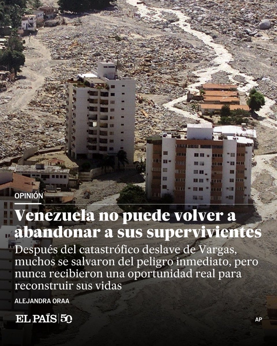 elpais_america's tweet photo. Opinión | "Sobreviví a una de las peores tragedias naturales en la historia de Venezuela. Más de 26 años después, veo a otra generación de venezolanos enfrentarse al miedo, al desplazamiento y a la incertidumbre que marcaron mi infancia. Lo que más me preocupa es la posibilidad de que Venezuela repita los errores cometidos después de Vargas". Por Alejandra Oraa https://t.co/2K3m1oArYt