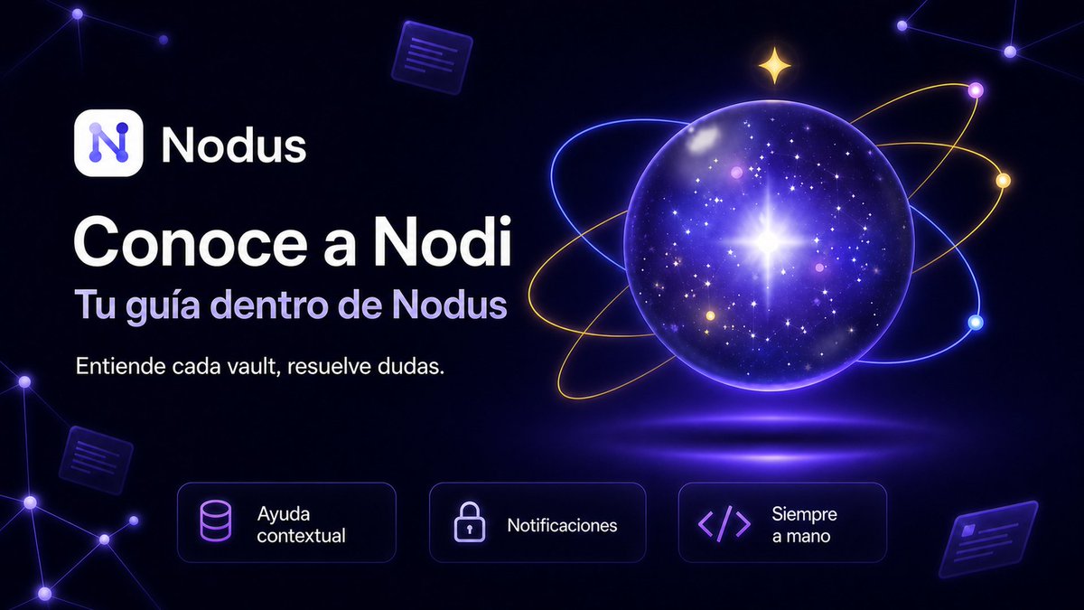 Jorgepb96's tweet photo. Nodi es el asistente flotante que te acompaña dentro de Nodus. Ayuda a explorar el espacio de trabajo, encontrar conexiones y utilizar las herramientas de cada bóveda, manteniendo siempre al usuario en control del proceso. https://t.co/3NX2UgqRiC