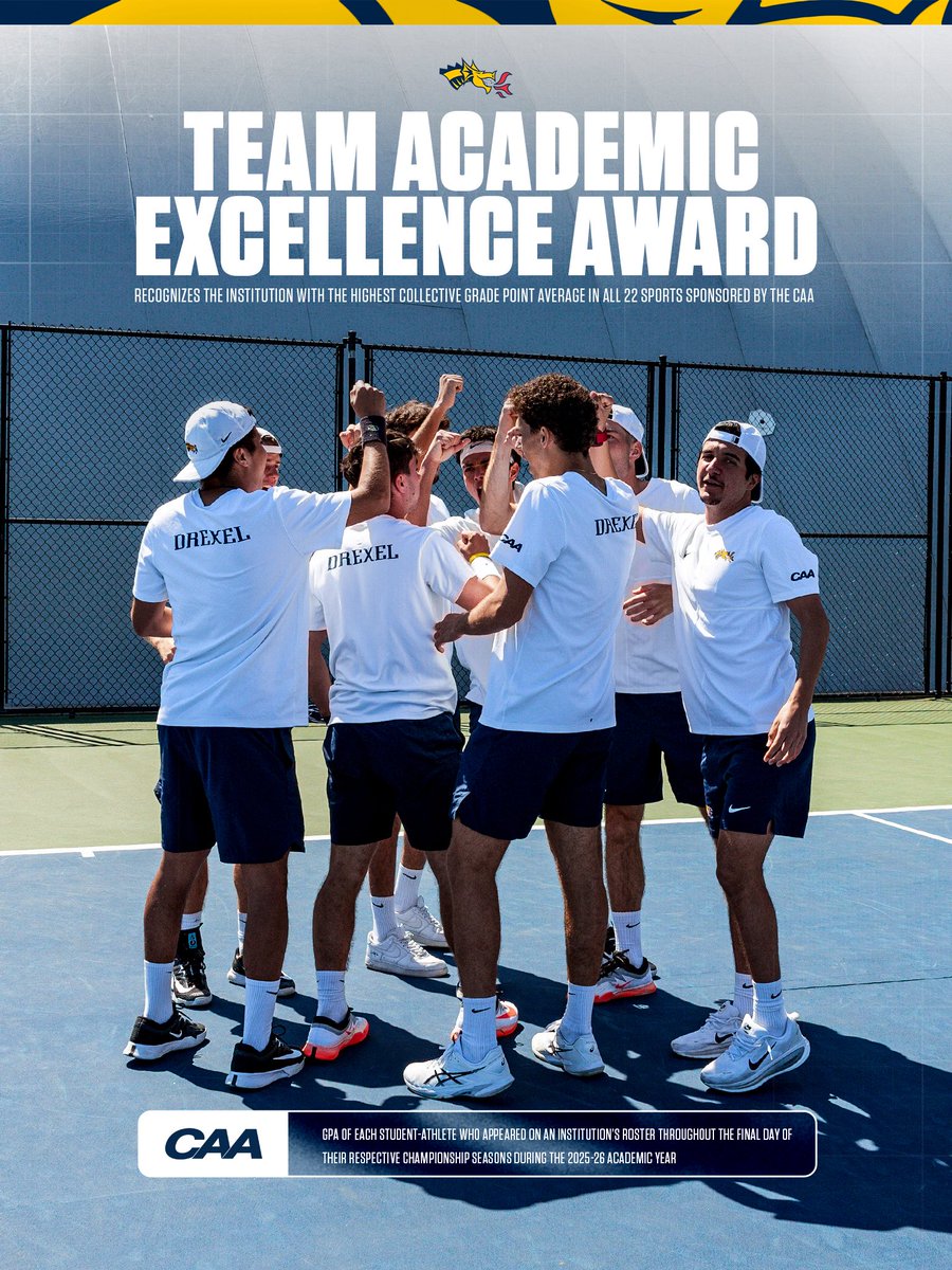 DrexelDragons's tweet photo. Excellence is the standard. 📚🐉

Congratulations to @DrexelWBB , @DrexelSoftball , @DrexelSwimDive (Men’s) and @DrexelTennis (Men’s)  earning 2025-26 CAA Team Academic Excellence Awards!

#FearTheDragon 🐉 https://t.co/dP2xsZiVuC