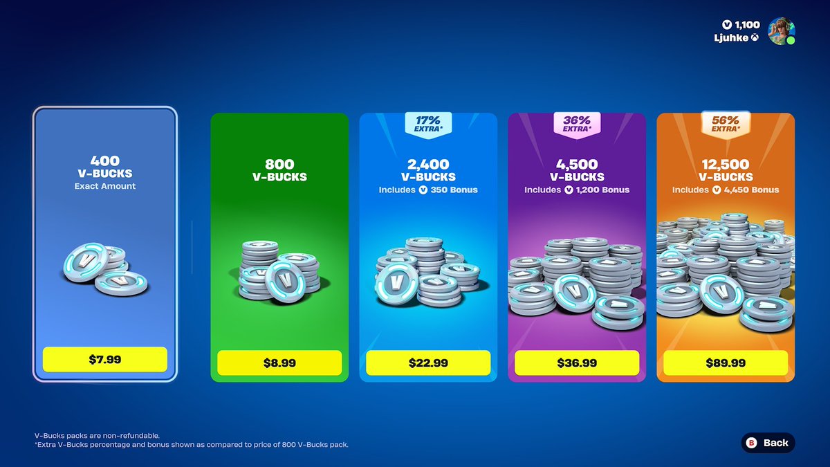 Masonsvest's tweet photo. @FortniteStatus Ever going to fix the Exact Amount pricing? It's still screwed up. https://t.co/W6nrIRu68t