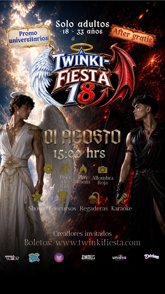 twinkifiesta's tweet photo. La #TwinkiFiesta VOL: 18 ya está aquí.🪽🔥
TEMÁTICA ANGELES Y DEMONIOS (CDMX)

🗓️01 AGO. Nuevo spot, nuevas dinámicas, shows en vivo, alfombra roja y muchas sorpresas que no vas a querer perderte😈
🎟️BOLEYOS: https://t.co/mpLEHXeXkJ https://t.co/C45vioXPbN
