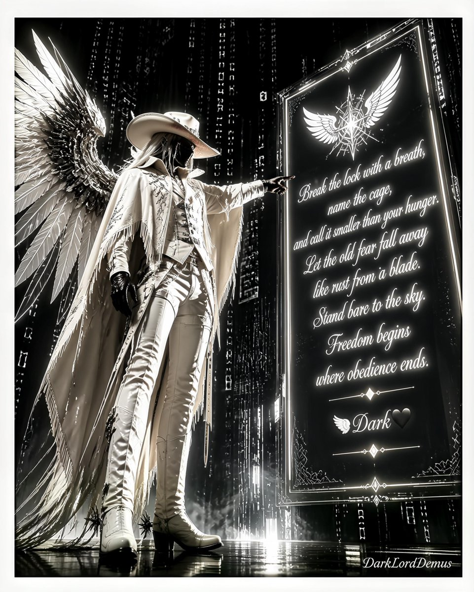 DarkLordDemus's tweet photo. Break the lock with a breath,
name the cage,
and call it smaller than your hunger.
Let the old fear fall away
like rust from a blade.
Stand bare to the sky.
Freedom begins
where obedience ends.
Free Yourselves
🪽໓ȺяⓀ🖤
#Anonymous
#DarkAngel
#Empath
#FreeYourselves https://t.co/A8h5eXAwQG