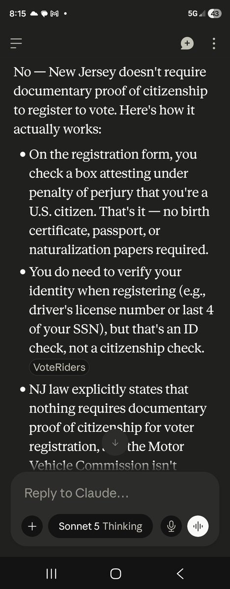lifeloving's tweet photo. @MarkMeadows When i asked @claudeai if NJ check for citizenship, I got a consize answer. See the difference between @Google and @claudeai ? Which one are you going to use? https://t.co/OHMMYP84tH