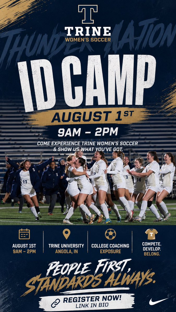 TrineWSoccer's tweet photo. 🚨2026 SUMMER ID CAMP🚨We are hosting our last summer ID Camp August 1st! Make sure to secure a spot and sign up now⚡️
Sign up link in bio!
•August 1st
•9am-2pm
•Grades 9-12th and NCAA College Transfers
#GoThunder #TUWS https://t.co/awG9j5PQkF
