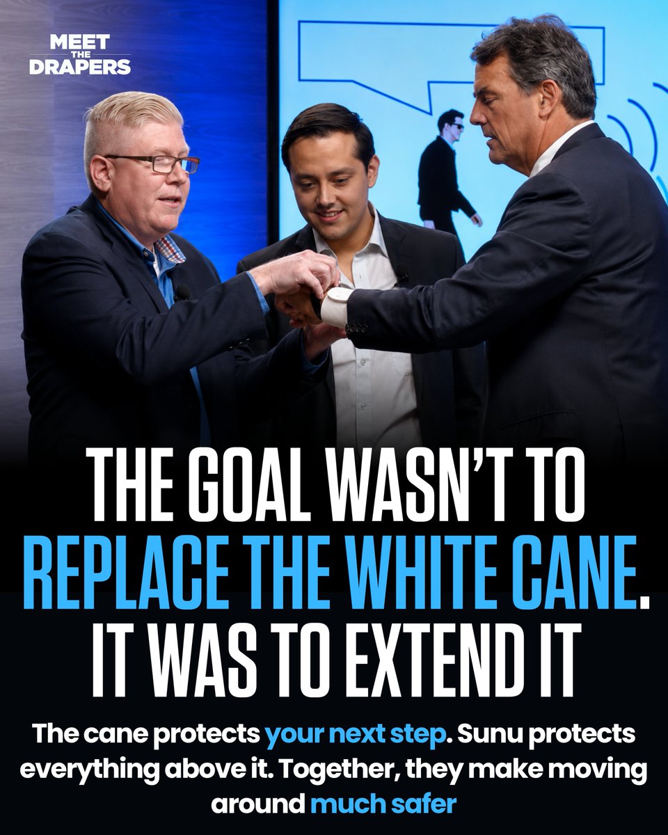 StreamDraperTV's tweet photo. Millions of blind people rely on a white cane every day. But it can't detect every obstacle especially those above waist level.

That's the problem Sunu set out to solve.

Instead of replacing the white cane, Sunu was built to complement it—using smart technology to detect obstacles beyond the cane's reach, making navigation safer and more confident.

The best innovations don't replace what already works.

They make it work even better.

Watch the full episode on YouTube.