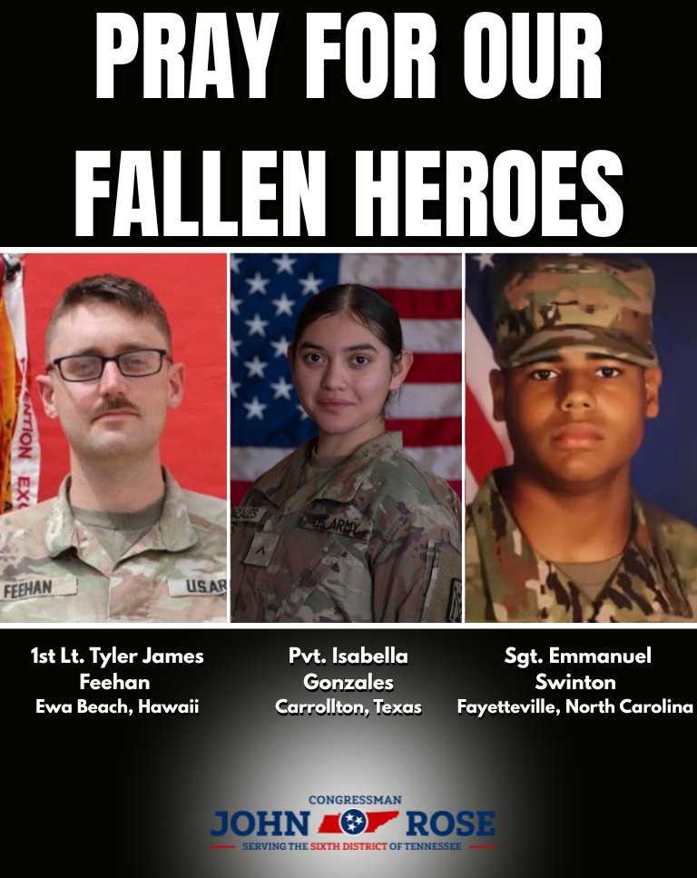 RepJohnRose's tweet photo. Our nation is grateful for the bravery and sacrifice of Tyler James Feehan, Isabella Gonzales, and Emmanuel Swinton.

Today, we honor their service and pray for their families. https://t.co/n64DdbB9n9