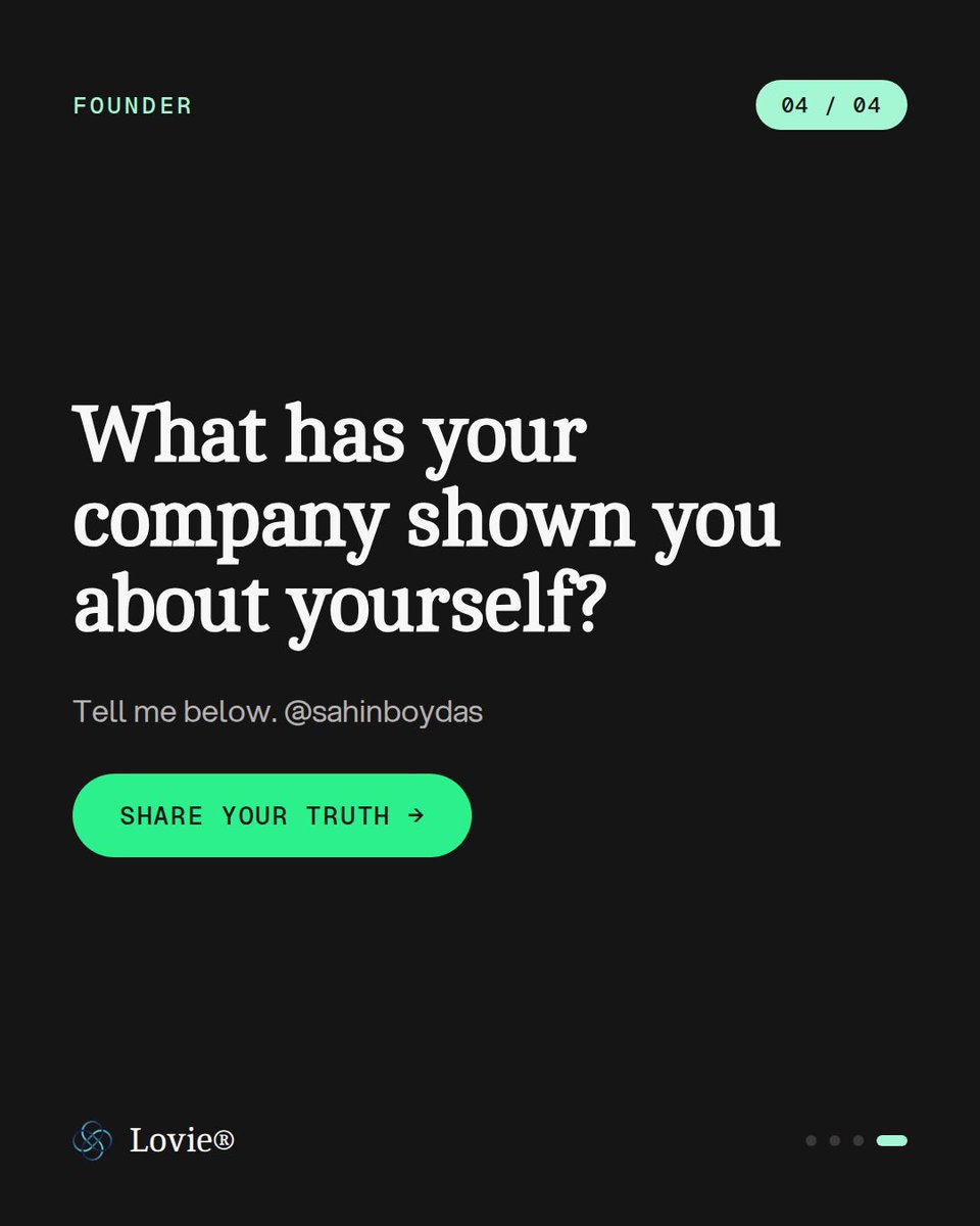sahin's tweet photo. Being a founder looks like you're building a company. You're actually building a mirror.

You cannot scale what you have not healed. Your company is your inner state, multiplied by every person you hire.

What has your company shown you about yourself?

#FounderMindset #InnerWork https://t.co/DKlqz5eb9y
