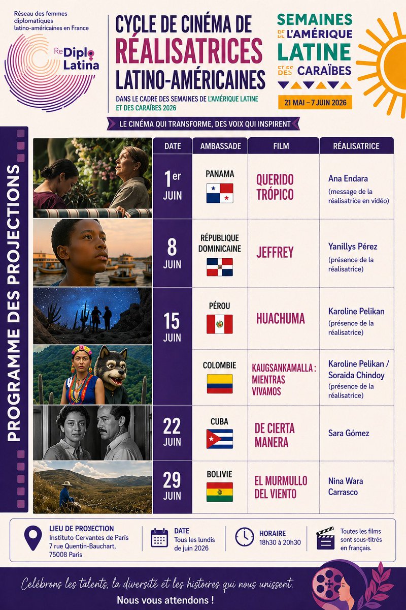 embcolfrancia's tweet photo. 🎬Embajada acompañó Ciclo de Cine Realizadoras Latinoamericanas, organizado por Red de Mujeres Diplomáticas Latinoamericanas en🇫🇷 durante Semanas de América Latina y el Caribe 2026. Embajadas 🇵🇪y🇨🇴 presentaron películas Conexión: Huachuma y Kaugsankamalla: Mientras Vivamos..
👇🧵 https://t.co/8VsG6Ykx9Z