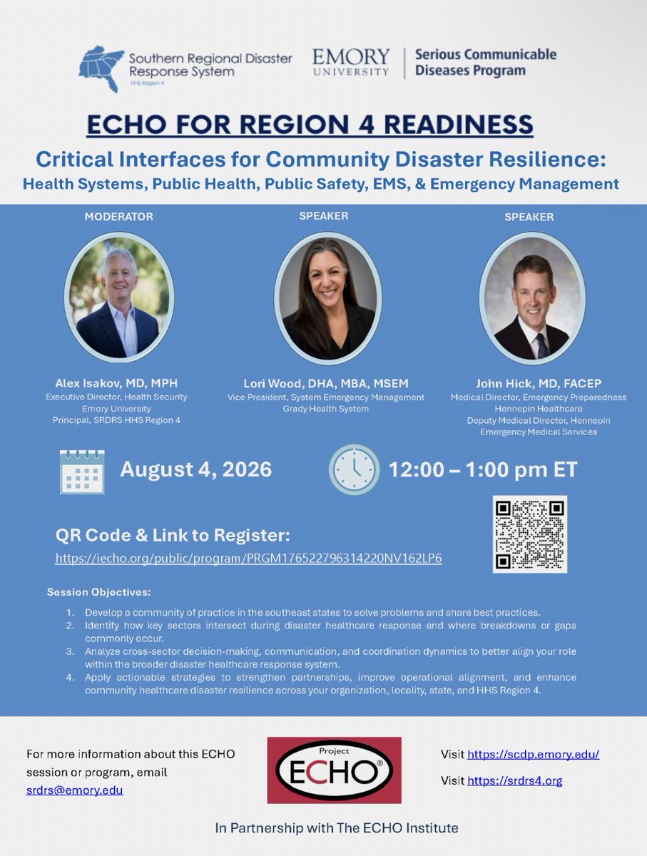 SRDRSRegion4's tweet photo. Join SRDRS and @EmoryScdp on Aug. 4, 2026 | 12–1 PM ET as experts discuss the critical interfaces that strengthen community disaster resilience across health systems, public health, EMS, public safety, &amp; emergency management.
Register: https://t.co/mgwjAJ35N4 https://t.co/E86EBGebtC