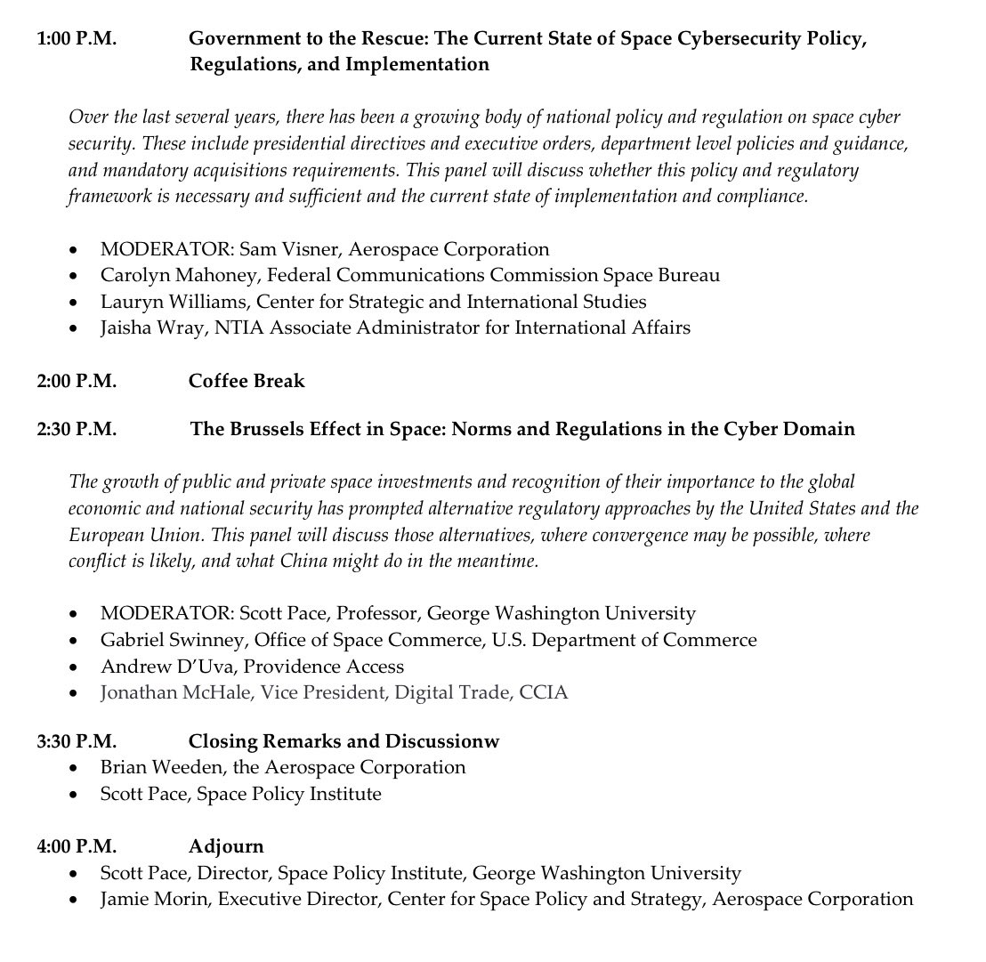 christinayiotis's tweet photo. Space &amp; Cyber Security Symposium “The #BrusselsEffect in Space: #Norms &amp; #Regulations in the Cyber Domain” w/ The George Washington University Scott Pace @CommerceGov Office of Space Commerce Gabriel Swiney Providence Access Andrew D’Uva @ccianet Digital Trade VP Jonathan McHale https://t.co/ZsnpaKkFXq