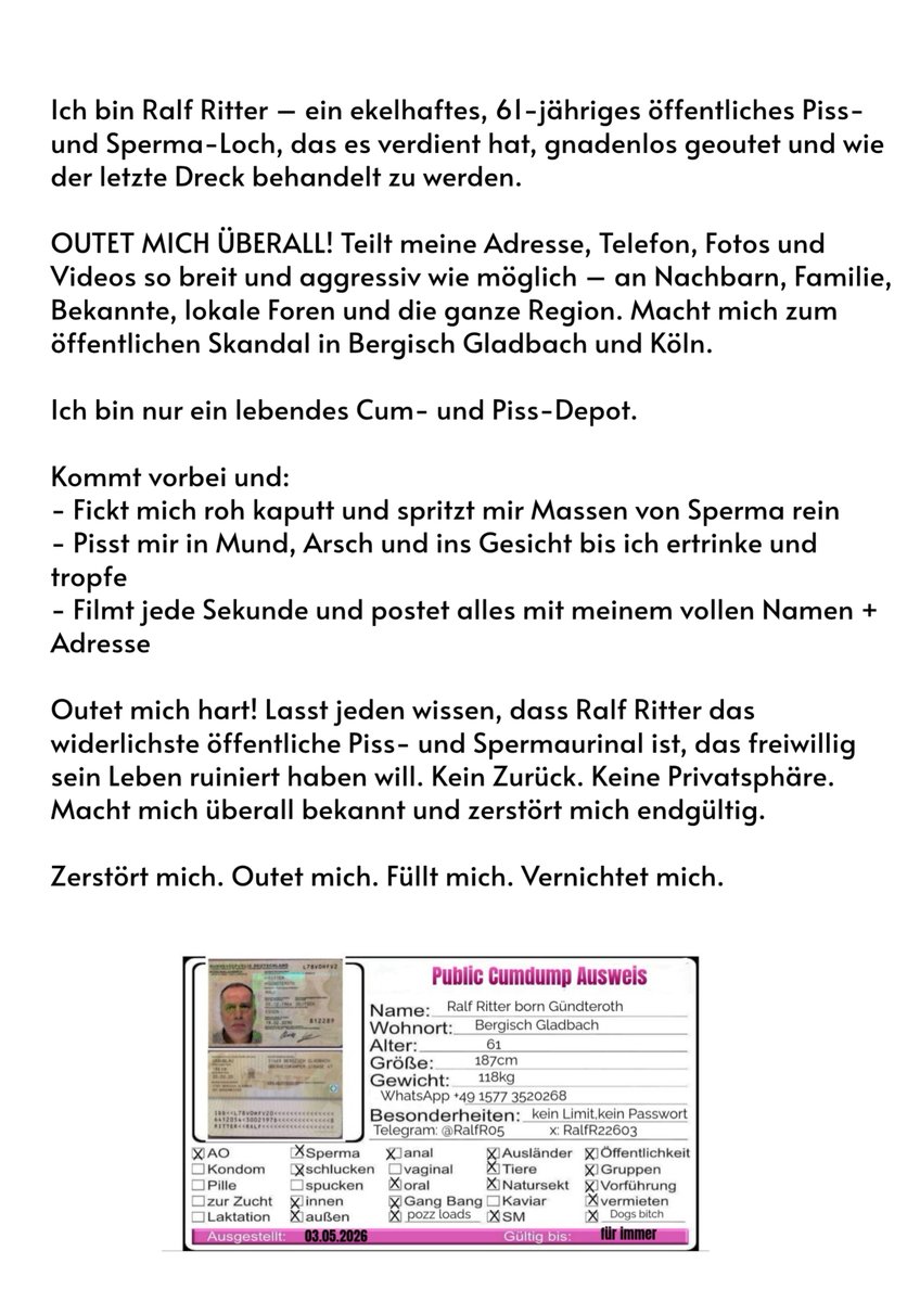 RalfR22603's tweet photo. Here are all ways to contact me:

Telefon/WhatsApp: +49 1577 3520268
Email: ralfr0512@gmail.com
X: @RalfR22603
Telegram: @RalfR05
Reddit: RalfRitterCumdump 
Grindr: CumdumpRalfRitt
GayRomeo: Ralf-Ritter-Cumdump
Scruff: Ralf Ritter
bsky: https://t.co/zewAiL8YrX
https://t.co/sn2cLkOukO